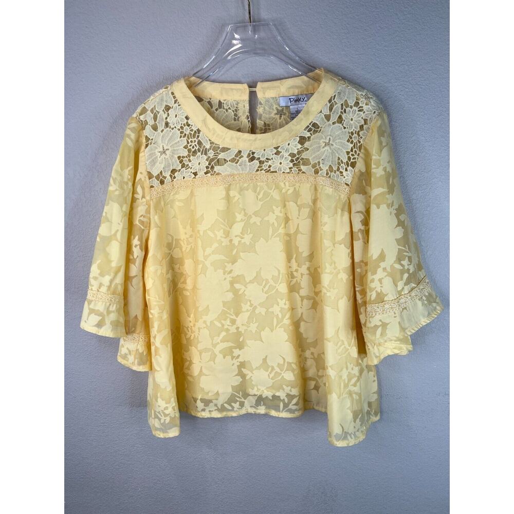 Pinky Women's Floral Lace Blouse Top 3/4 Sleeve Yellow Size‎ Large VTG Cottage